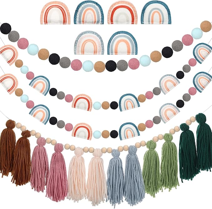 Hahafelt 4 Pcs Sage Green Boho Tassel Garland Wood Bead Tassel Garland Colorful Felt Rainbow Pom Pom Banner Nursery Room Holiday Decoration Retro Wall Hanging Bunting Banner for Home Bedroom Decor