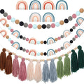 Hahafelt 4 Pcs Sage Green Boho Tassel Garland Wood Bead Tassel Garland Colorful Felt Rainbow Pom Pom Banner Nursery Room Holiday Decoration Retro Wall Hanging Bunting Banner for Home Bedroom Decor