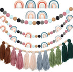 Hahafelt 4 Pcs Sage Green Boho Tassel Garland Wood Bead Tassel Garland Colorful Felt Rainbow Pom Pom Banner Nursery Room Holiday Decoration Retro Wall Hanging Bunting Banner for Home Bedroom Decor