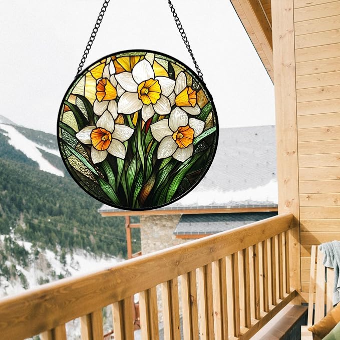Stained Glass Window Hanging, Yellow and White Daffodils Sun Catcher for Door Home Decor Plants Flowers Suncatcher Christmas Mother's Day Birthday Gifts for Women Men Mom Nana 6.3 in