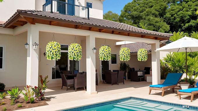 Artificial Flowers with Hanging Basket, Outdoor Faux Plants Silk Morning Glory Vines, Fake Green Arrangement for Garden Patio Spring Summer Decor(Yellow White)