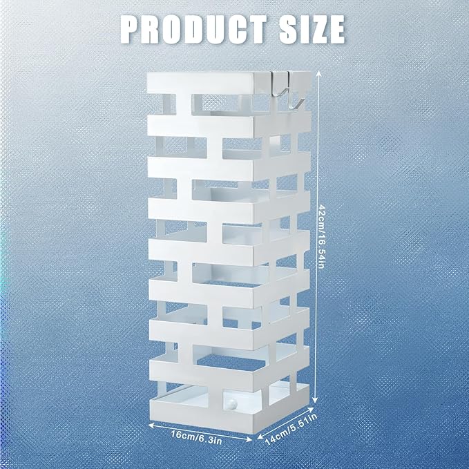 Tudomro Umbrella Stands for Entryway Large Metal Umbrella Holder 6.3 x 5.5 x 16.5 Inches with Removable Water Tray and Hooks Decor Freestanding Rectangular Storage Hollow Rack for Home Office (White)