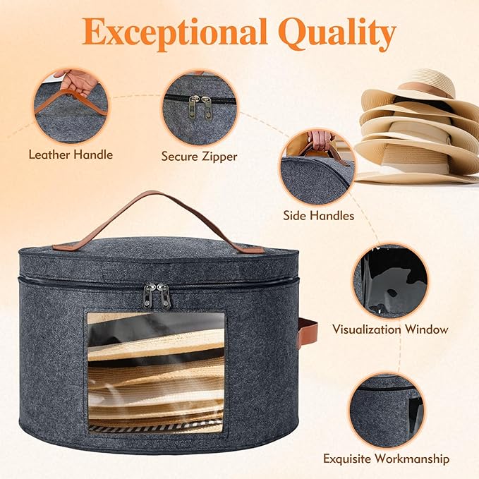 Round Hat Box, Stackable Felt Hat Boxes for Women Storage, Foldable Premium Hat Travel Case with Dustproof Lid, Space Saving Hat Organizer (Grey)