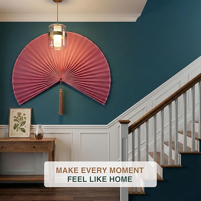 Big Fan Decor 60", Bamboo Wall Fan for King Bed, Japanese Wall Fan Light Pink Handwoven Art, Massive Aesthetic Hanging, Hook Included (Light Pink)