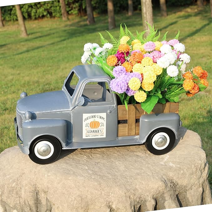 25x9.4x13in Vintage Antique Blue Farm Truck Decor, Rustic Metal Pickup Truck, Farmhouse Tabletop Decorative Planter & Storage for Home Indoor Outdoor