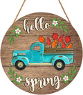 Harooni Hello Spring Blue Truck Welcome Sign for Front Door Spring Summer Wreaths for Front Door Tulip Flowers Pickup Wood Wreath Rustic Farmhouse Door Hanging Sign for Indoor Outdoor Decor 12 Inch