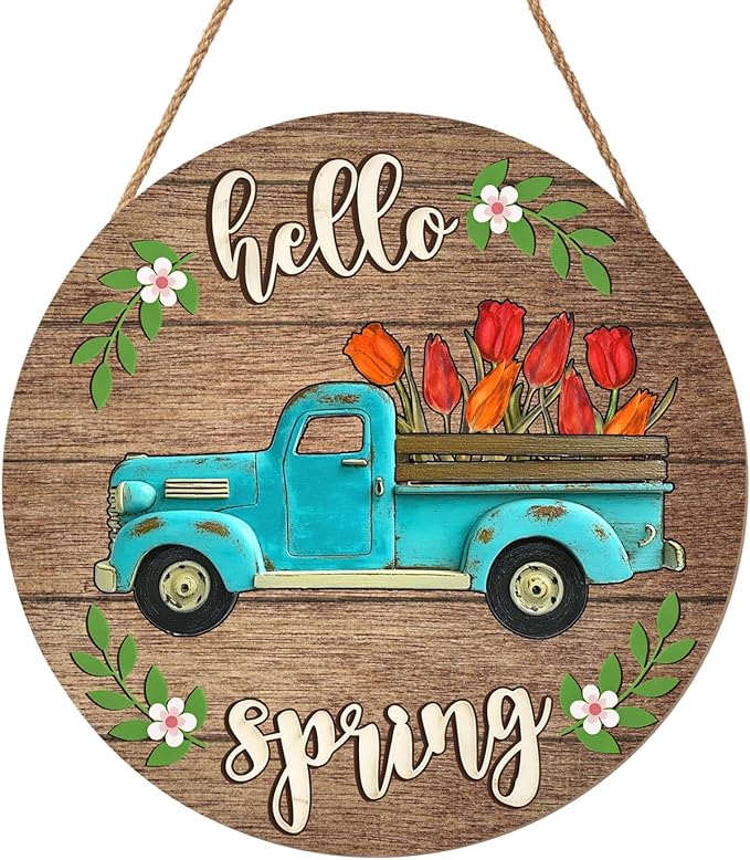Harooni Hello Spring Blue Truck Welcome Sign for Front Door Spring Summer Wreaths for Front Door Tulip Flowers Pickup Wood Wreath Rustic Farmhouse Door Hanging Sign for Indoor Outdoor Decor 12 Inch