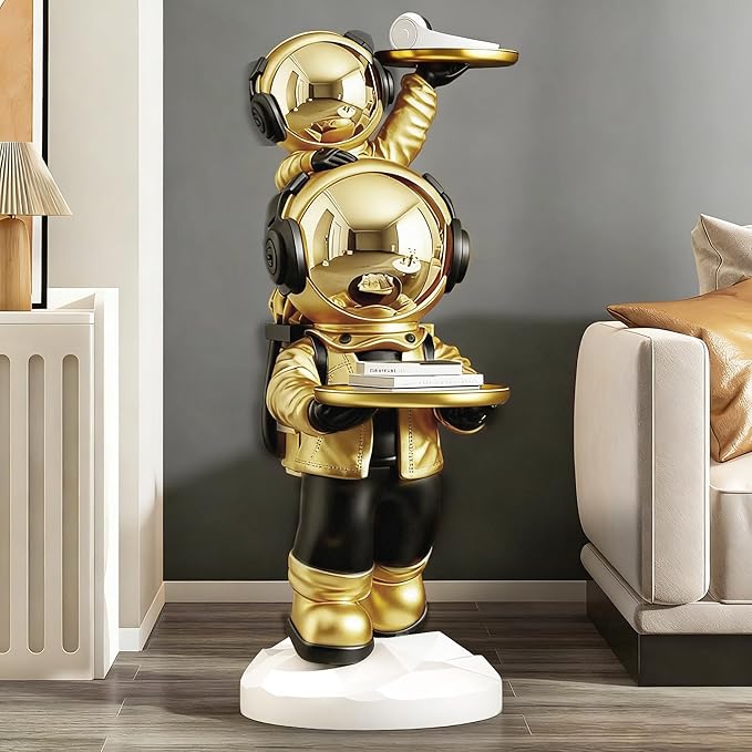 Large Astronaut Statue, Astronaut Sculpture, Astronaut Decoration, Cool Metal mask Decor, Floor Sculpture, Suitable for Living Room, Bedroom, Stores, etc., Tray can be Used for Storage