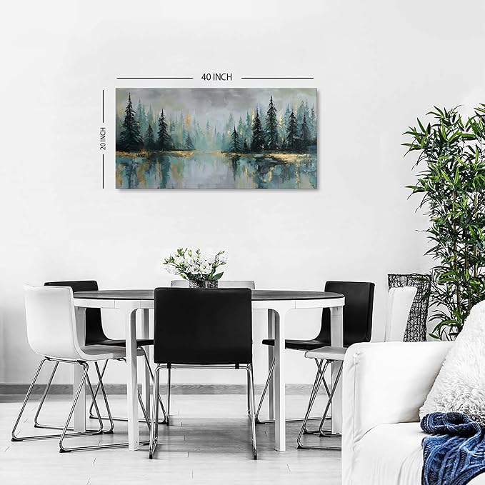 Green Forest Wall Art Vintage Fog Pine Trees Landscape Wall Decor Nature Green and Gold Forest Lake Scenery Canvas Prints Pictures Farmhouse Artwork for Kitchen Living Room Home Decorations 20x40"