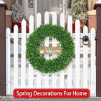 22 Inch Boxwood Wreath for Front Door Realistic with Welcome Sign Faux Easter Green Preserved Boxwood Wreaths Outdoor Spring Wreaths for Front Door Outside for Porch Farmhouse Wall Home Decor