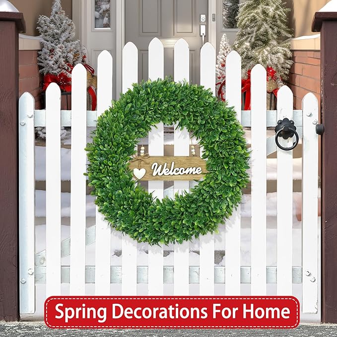 22 Inch Boxwood Wreath for Front Door Realistic with Welcome Sign Faux Easter Green Preserved Boxwood Wreaths Outdoor Spring Wreaths for Front Door Outside for Porch Farmhouse Wall Home Decor
