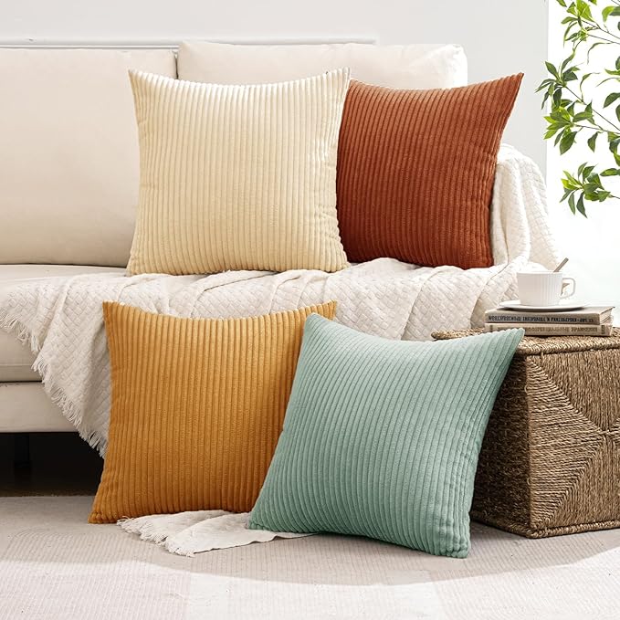 MIULEE Boho Farmhouse Throw Pillow Covers 16x16 Inch Set of 4 Modern Natural Decorative Cushion Covers Soft Corduroy Home Decor for Spring Couch Bed Sofa Living Room Teal-Rust Gradient Series