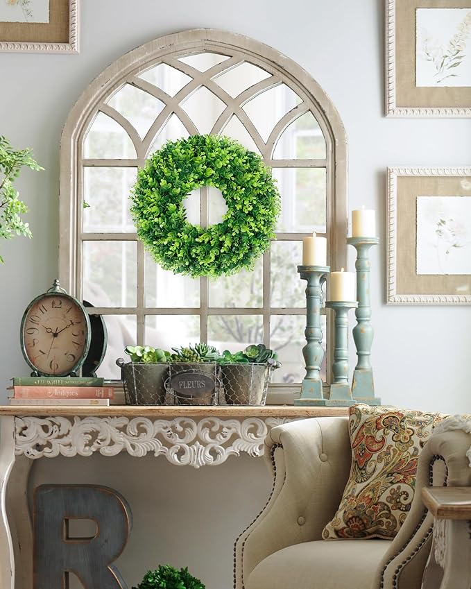 DDHS 16-18in Small Boxwood Wreath for Front Door – Artificial Green Farmhouse Wreath, Spring Summer Fall Winter DIY Decor, for Indoor Outdoor Year-Round Wedding Home Decorations