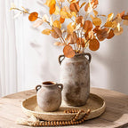 Ceramic Flower Vase Home Decor - 6 Inch Farmhouse Rustic Table Vases with Handle Living Room Decoration Decorative Vintage Pottery for Kitchen Shelf Coffee Dining Bookshelf Fireplace Centerpiece
