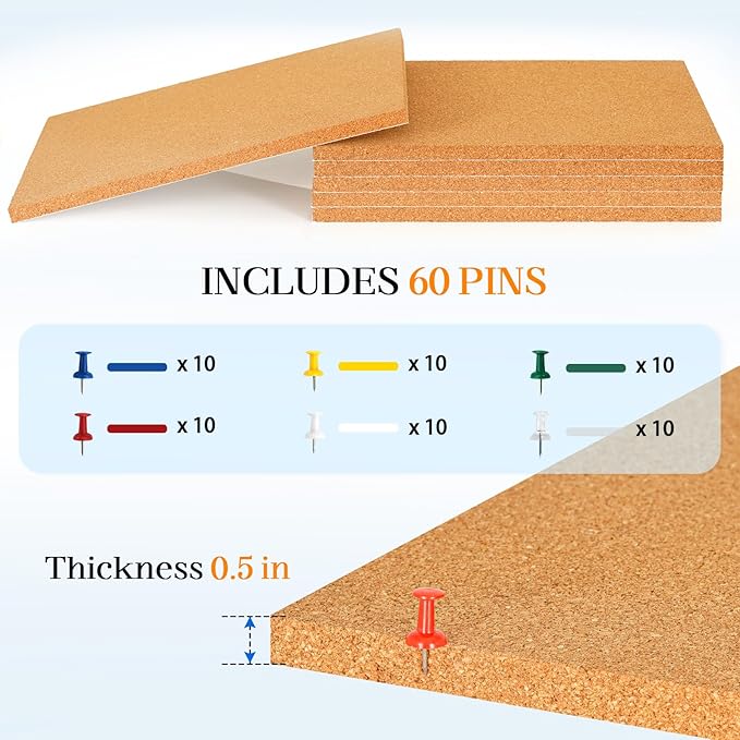 DOLLAR BOSS Cork Board Tiles, 6 Packs 12" x 12" 1/2" Thick Cork Bulletin Board Self Adhesive Corkboards for Walls with 60 Pushpins for Home Office Kitchen School Decor Display