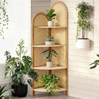 4 Tier Farmhouse Corner Shelf, 70" Tall Pine Wood and Rattan Corner Bookshelf for Small Spaces, Freestanding Display Shelf for Living Room, Bedroom, Bathroom, Kitchen, Natural
