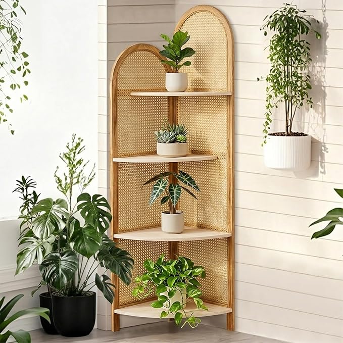 4 Tier Farmhouse Corner Shelf, 70" Tall Pine Wood and Rattan Corner Bookshelf for Small Spaces, Freestanding Display Shelf for Living Room, Bedroom, Bathroom, Kitchen, Natural