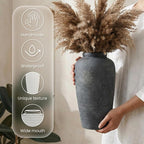 Rustic Distressed Ceramic Threaded Vase, 11"H Handmade Wabi Sabi Decor Vase (Deep Charcoal with Light Gray Weathering and Wheat Beige Patches) for Living Room Table Centerpieces, Entryway & Fireplace