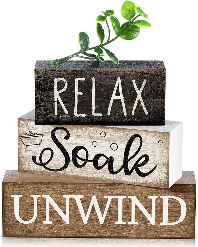 Moucuny 4 Pcs Bathroom Shelf Decor Sign Farmhouse Bathroom Decor and Accessories Rustic Eucalyptus Leaves Wood Block Sign Gift Relax Soak Unwind Farmhouse Table Centerpiece for Home Toilet