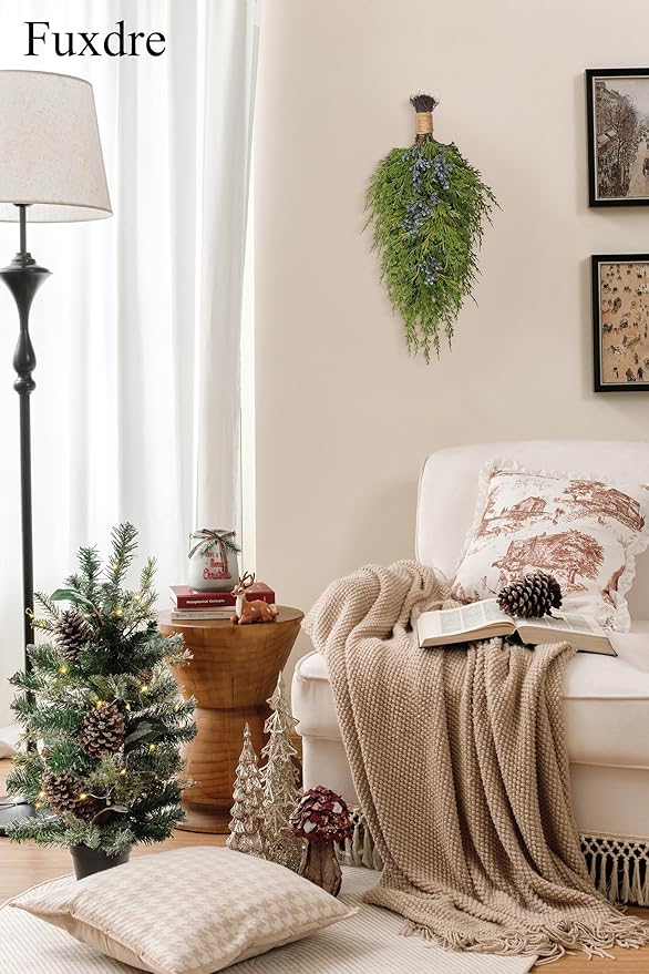 20" Christmas Artificial Juniper Swag Blueberries Teardrop Front Door Decoration Pine Cedar Real Touch Xmas Faux Evergreen Juniper Swag with Hanging Ring for Windows Wall Stair Outdoor Decor