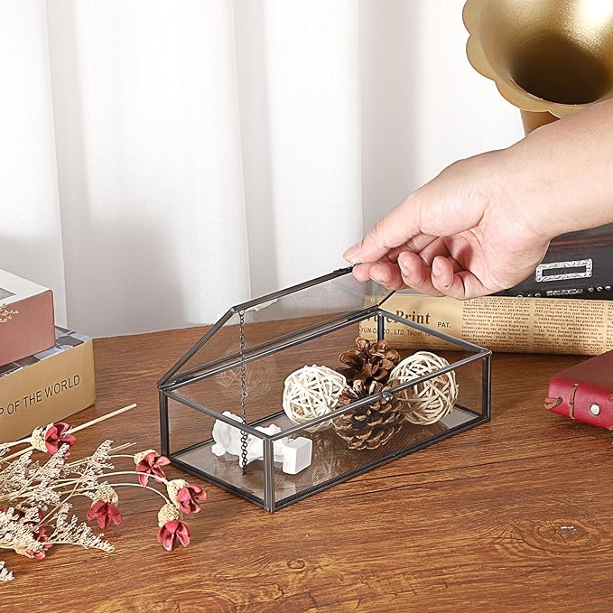 Hipiwe Glass Keepsakes Display Box with Lid - Decorative Black Glass Box Clear Rectangle Storage for Trinket Perfume Cards Gift