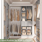Closet System, 4.2–8.8 FT Closet Organizer with 2 Wooden Drawers and Shelves, Walk-in Closet System with 5 Hang Rods, Built-in Closet Tower, Can Fit 60 to 96 inch, Morandi Grey