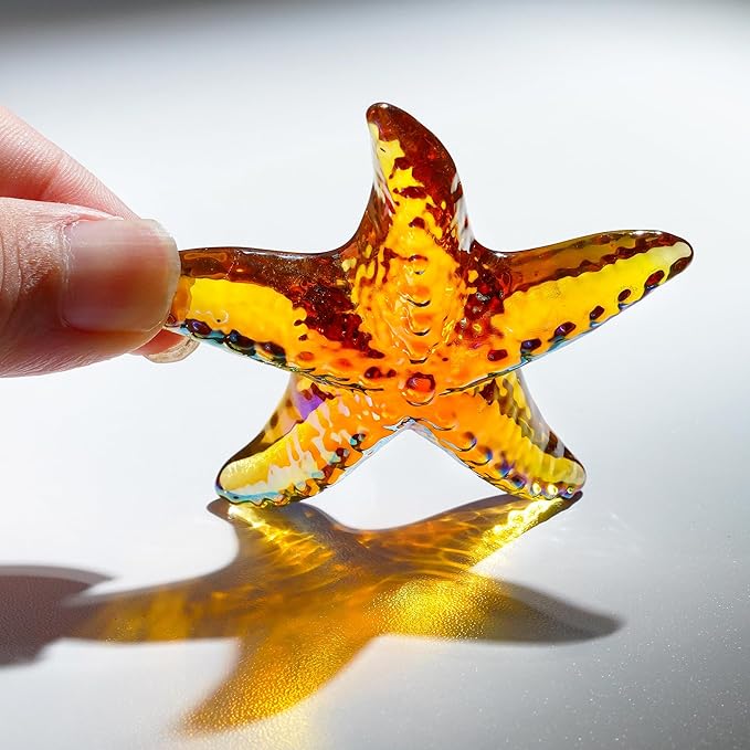 H&D HYALINE & DORA Amber Blown Glass Starfish Figurine Miniature Ocean Animals Collectible Figurine Tiny Glass Starfish for Tables, Desks Home Decor