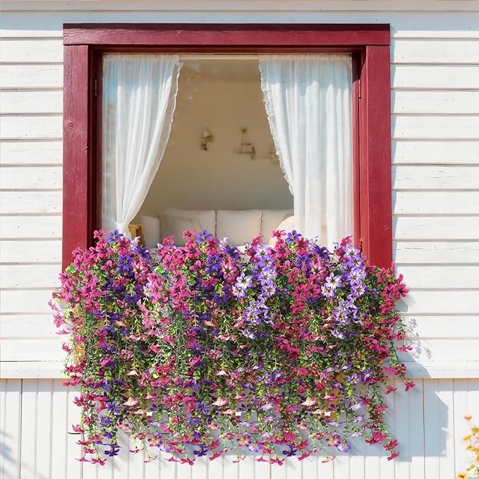INQCMY Artificial Hanging Flowers Decoration, 8pcs Fake Floral Basket Plants for Outdoor Porch, Faux Shrubs Home Spring Decor UV Resistant Potted Violets for Outside Garden No Fade