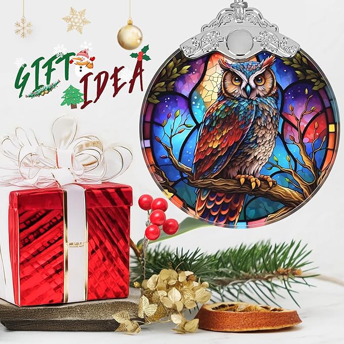Stained Glass Suncatcher Ornament - Owl Christmas Decorations - Christmas Ornaments for Tree - Holiday Present Ideas - Gift Exchange