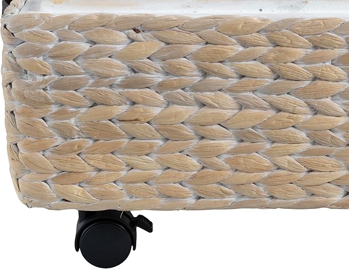happimess BSK1006D Chett 26.38" Minimalist Hand-Woven Hyacinth/Wood Underbed Storage Bin with Wheels and Handles, White Wash/Dark Brown for Storage and Decoration in Bathroom, Bedroom, Living Room