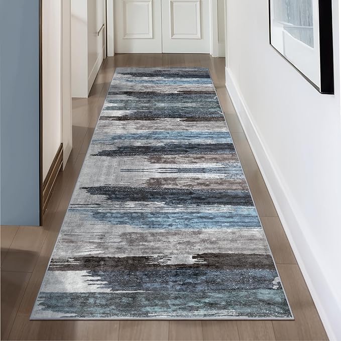 Ciicool 2'6"x8' Washable Runner Rug, Modern Abstract Hallway Rugs Runner, Non-Slip Thin Accent Rug Lightweight Navy Grey Print Distressed Carpet for Laundry Entryway Bedroom Kitchen Indoor