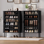 ONBRILL 6-Tier Shoe Cabinet with Sliding Door, Wooden Shoe Storage Cabinet with Adjustable Shelves, Mid-Century Modern Freestanding Shoe Storage Organizer for Entryway, Hallway, Living Room, Black