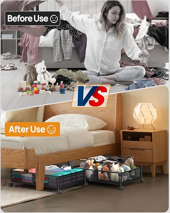 Under Bed Storage With Wheels, 4 Pack Foldable Pattern Carved Metal Under Bed Storage Containers, 60L Rolling Underbed Storage, Easy Assembly Under The Bed Storage for Shoes, Clothes, Blankets...