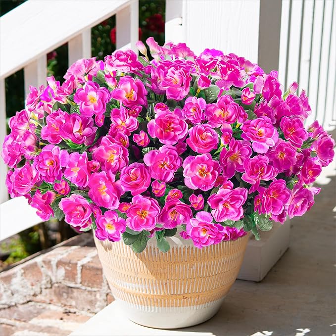 HyeFlora Artificial Faux Outdoor Flowers Plants for Spring Summer Decoration, Fake Silk Fuchsia Camellia UV Resistant Look Real for Planter Outside Front Door Porch Patio Balcony, 3 Large Bundles