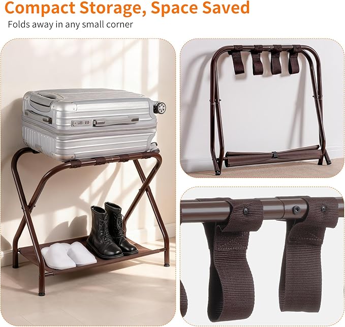 Heybly Luggage Rack for Guest Room, Pack of 2, Steel Folding Suitcase Stand with Storage Shelf for Bedroom, Hotel, Foldable Steel Frame, Guest Room 26.2" L x 14.4" W x 20.5" H, Brown HLR004Z2