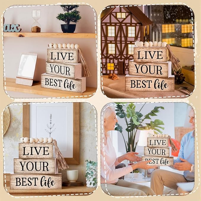 Moucuny 4 Pcs Farmhouse Table Decor Inspirational Wooden Signs Rustic Beaded Wooden Block Gift Sign Live Your Best Life Farmhouse Table Centerpiece for Living Room Housewarming Gift