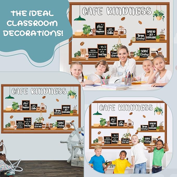 Pajean Cafe Kindness Bulletin Board Set Plant Coffee Motivational Classroom Decorations Bookshelf Reading Bulletin Board Inspirational Cutouts for Back to School Library Decor Office Supplies