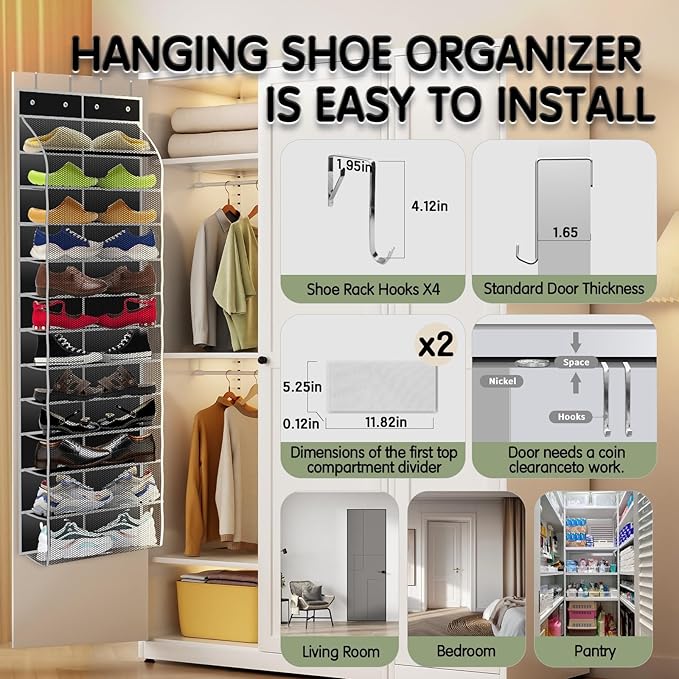 Over The Door Shoe Organizer with 12 Large Breathable Pockets - Durable Hanging Storage for the Entire Family's Shoes (Black)