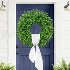 28'' Large Boxwood Wreaths Front Door Artificial Green Spring Wreath with Sash Wreaths for Front Door Farmhouse Greenery Year Round Outdoor Indoor for Summer Wreath St Patricks Day Decoration