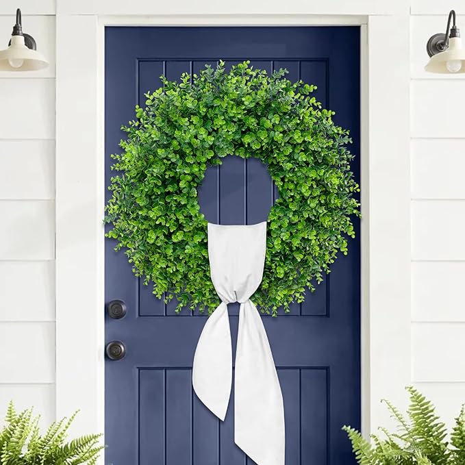 28'' Large Boxwood Wreaths Front Door Artificial Green Spring Wreath with Sash Wreaths for Front Door Farmhouse Greenery Year Round Outdoor Indoor for Summer Wreath St Patricks Day Decoration