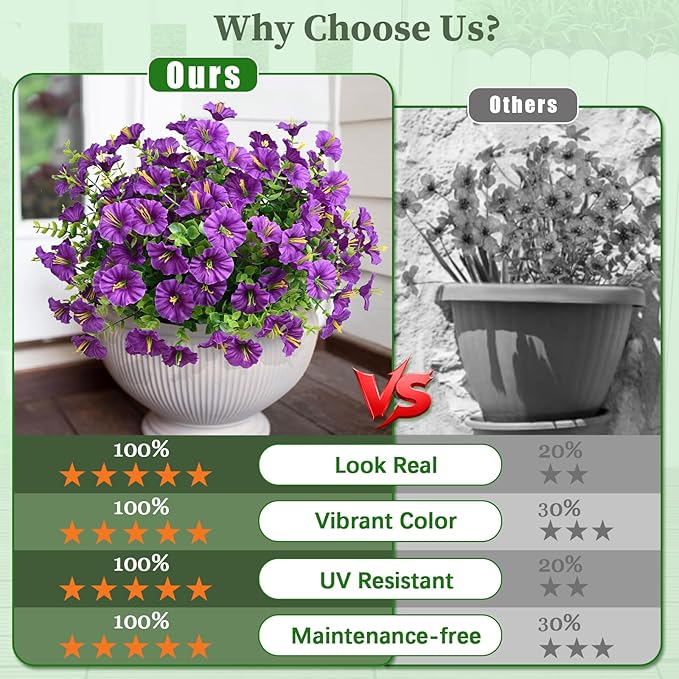 MARTINE MALL 24 Bundles Look Real Artificial Flowers for Outdoors, Realistic Fake Outdoor Flowers, UV Resistant Silk Petunia Flowers for Outside Faux Flowers Plants for Outdoor Porch, Purple