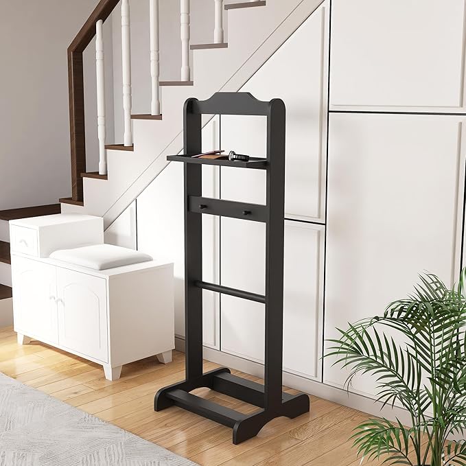 Mens Valet Stand, Wooden Clothes Valet Stand with Tray, Freestanding Suit Rack for Bedroom, Entryway, Living room, Office