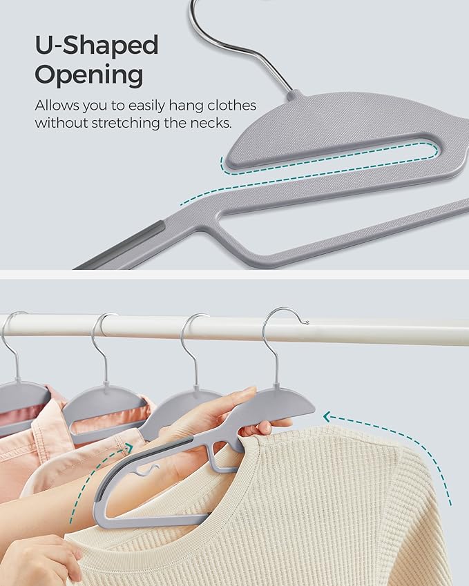 SONGMICS 100 Pack Coat Hangers, Heavy-Duty Plastic Suit Hangers, S-Shaped Opening, Space-Saving, 360º Swivel Hook, 16.3 Inches Wide, Light Gray and Dark Gray UCRP041G100