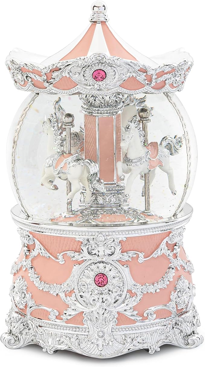 Carousel Music Box Silver & Pink Christmas Snow Globes, 8.3" Rotate Carousel Snow Globe for Kids & Adults, Classic Wind up Musical Snow Globe Valentines Day Gifts for Women Girls Carousel Horse Decor