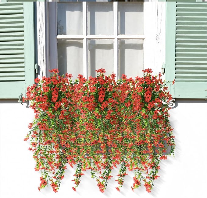 Artificial Hanging Flowers for Outdoors, 2 Pcs Fake Hanging Plant Spring Summer Decor, UV Resistant No Fade Realistic Faux Flower for Front Door Porch Planter Patio Garden Yard (Red)