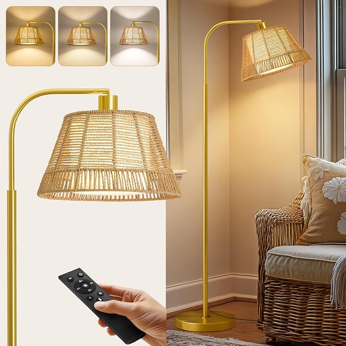 Oneach Arc Floor Lamp for Living Room with 3 Color Temperatures, Farmhouse Floor Lamps with Remote & Dimmable Bulb, Rattan Boho Floor Lamp with Hand-Woven Wicker & Fabric Shade