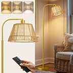 Oneach Arc Floor Lamp for Living Room with 3 Color Temperatures, Farmhouse Floor Lamps with Remote & Dimmable Bulb, Rattan Boho Floor Lamp with Hand-Woven Wicker & Fabric Shade