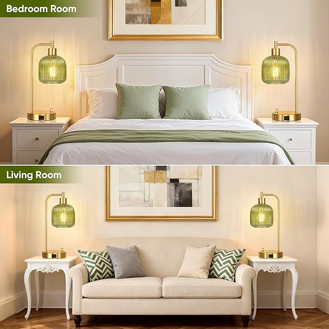 QiMH Industrial Table Lamp for Bedroom Set of 2, Green Glass Beside Lamp with USB A&C Ports, Stepless Dimmable Gold Lamps, Nightstand Lamps for Living Room, Office, Home Decor(Bulb Included)