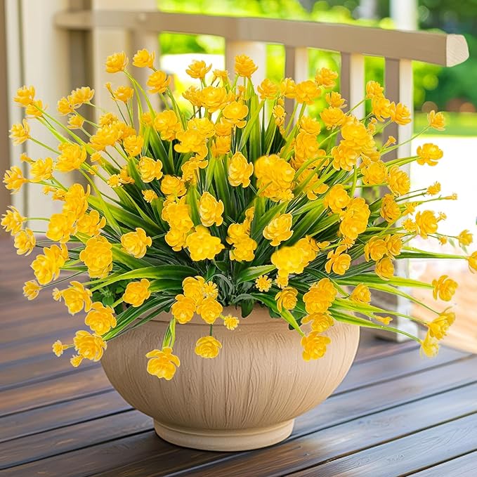 TURNMEON 12 Bundles Artificial Flowers for Outdoors Spring Decor, Realistic UV Resistant Fake Plants Faux Plastic Flowers for Outside Planter Home Gardens Porch Yards Cemetery Summer Decor(Yellow)