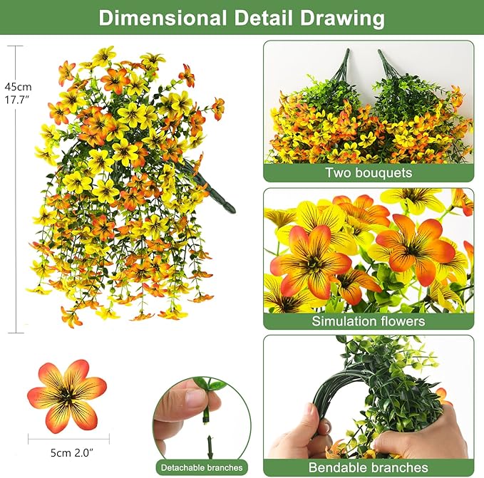 INQCMY Artificial Flowers for Outdoor Faux Hanging Plants Spring Outside Decoration,2Bundles Fake Silk Flowers Realistic Outdoor Flowers No Fade UV Resistant Porch Patio Window Yard Balcony Decor